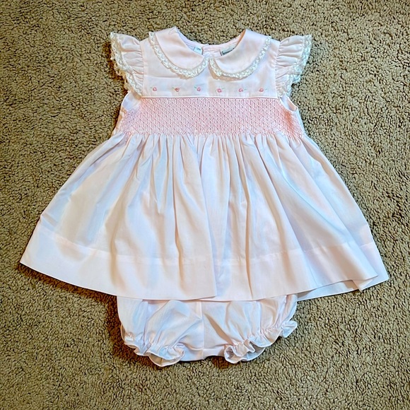 Baby girl smocked pale pink dress by Friedknit Creations, size 3 mo. - Picture 1 of 6